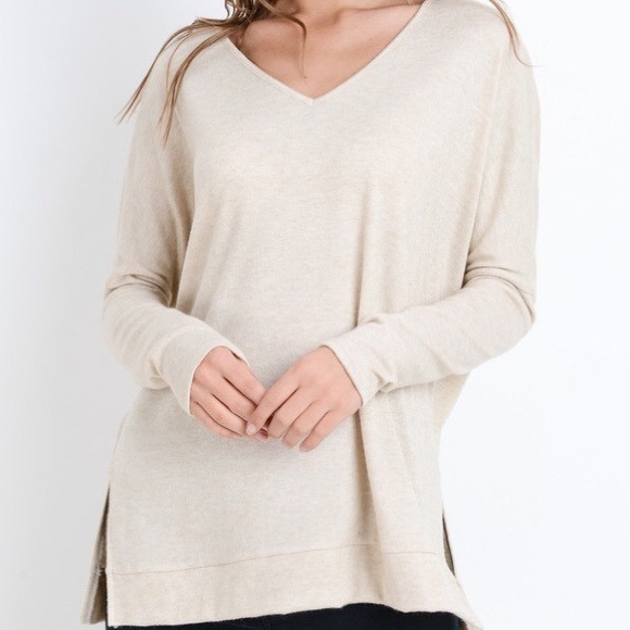 Hacci Brushed Soft VNeck Side Slit Oatmeal Tunic - Picture 3 of 9